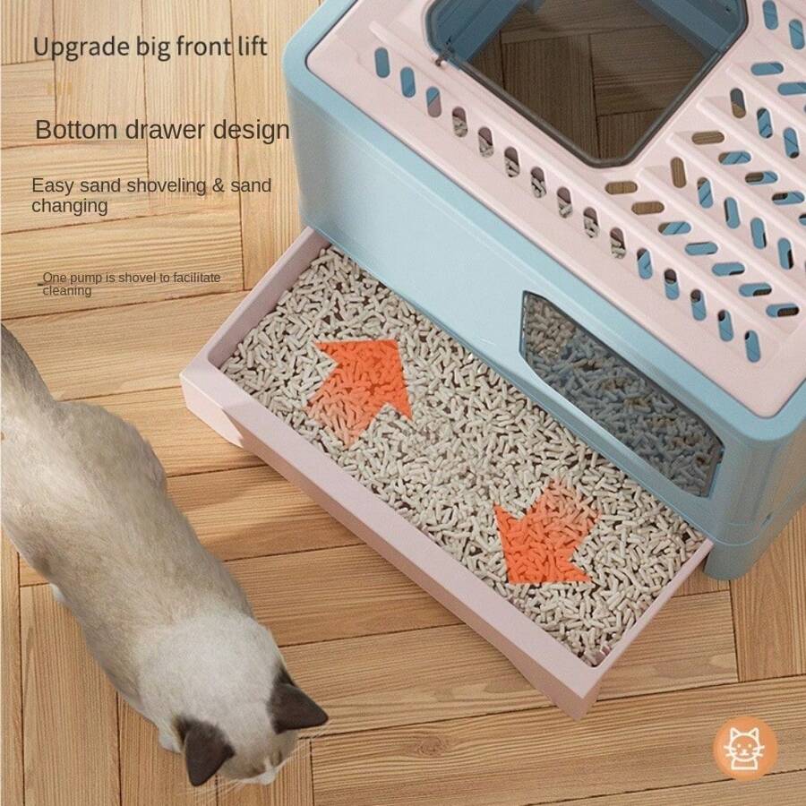 Large Folding Cat Litter Box, Drawer Style Covered OdorProof & Leak