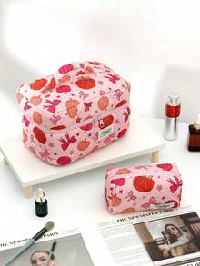 1 件/套万圣节绗缝粉色蝴蝶结南瓜图案多功能旅行化妆包，万圣节前夕，精美简约化妆包，多功能洗漱包，拉链大开口便携式旅行化妆包，化妆包可存放化妆品、口红、珠宝、纸巾、卫生巾、刷子、护垫化妆包学校用品旅行必需品小袋节日必需品化妆包化妆包美容秋季 - 彩色 - 查看 4