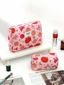 1 件/套万圣节绗缝粉色蝴蝶结南瓜图案多功能旅行化妆包，万圣节前夕，精美简约化妆包，多功能洗漱包，拉链大开口便携式旅行化妆包，化妆包可存放化妆品、口红、珠宝、纸巾、卫生巾、刷子、护垫化妆包学校用品旅行必需品小袋节日必需品化妆包化妆包美容秋季 - 彩色 - 查看 5