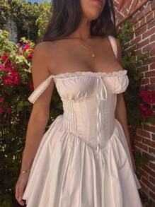 Women's Sexy Sweetheart Neck Sleeveless Tie Front Lace Trim A Line Party Mini Dress - 白色 - 查看 3