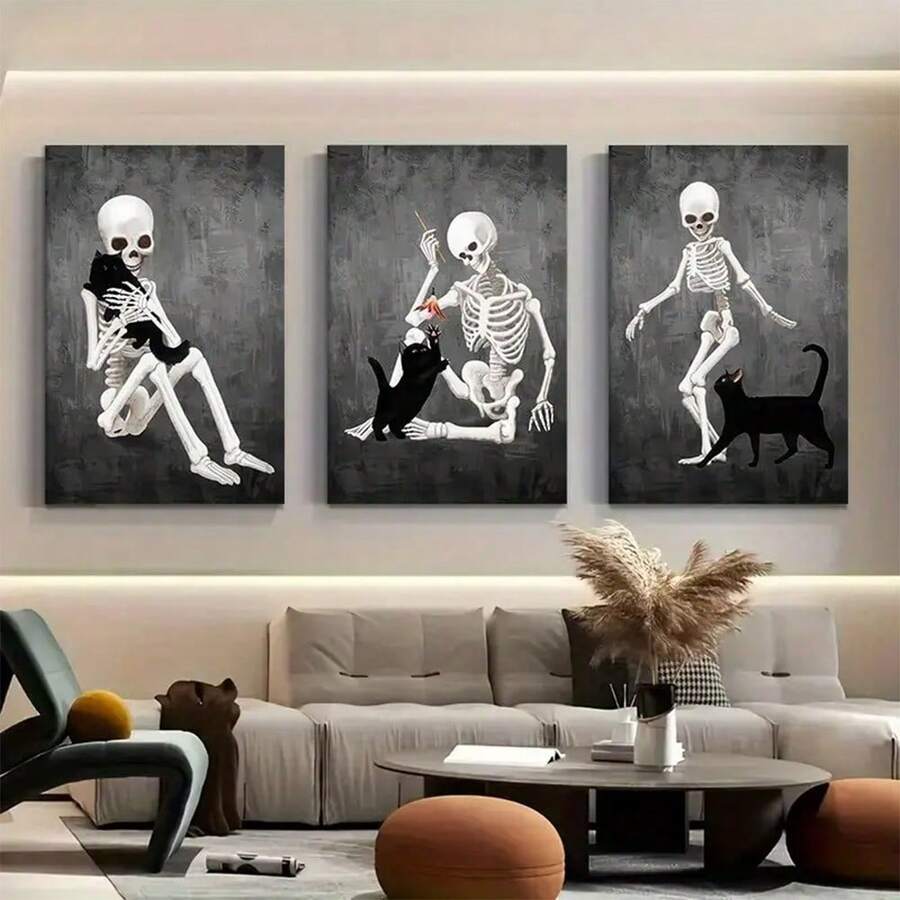 3 套骷髅和猫壁画印刷品 - 有趣的骷髅帆布海报、恐怖万圣节装饰、巫术美学骷髅和动物画作，适用于家居装饰，无框 - 黑色 - 查看 1