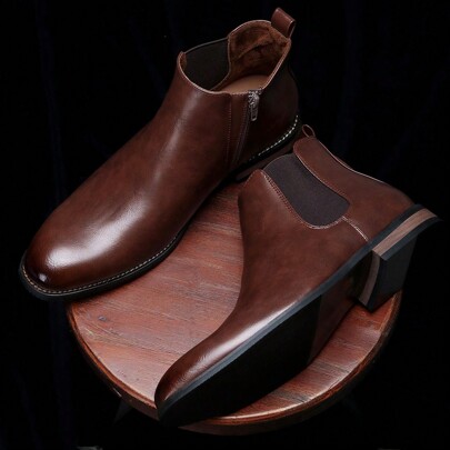 بوت تشيلسي للرجال، للعمل والتنقل، إغلاق سحاب جانبي، كعب وقاعدة من الخشب المطاطي، أعلى من الجلد ثنائي اللون مشوه، بوت كلاسيكية عتيقة للكاحل