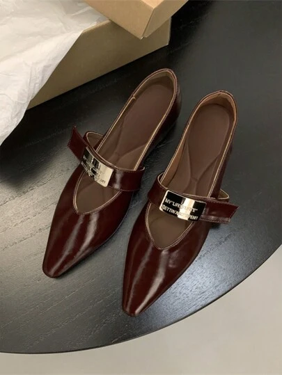 2024 Autumn New Vintage Red Flat Shoes, Women V-Cut Metal Buckle Belt Pointed Toe Mary Jane Shoes, Leather Versatile Fashion Flat Shoes, Wine Red