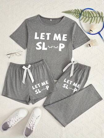 3 pezzi Set casual da notte con stampa di lettere per donne
