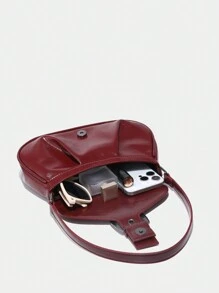 1 件复古朋克铆钉装饰复古扣装饰摩托车风格秋季装饰仿皮单肩包奢华设计师腋下手提包新款返校，适合约会、街头和派对，个性化、多功能、街头、运动、甜美酷炫女孩、Y2K、格子、学院风、学校、约会、约会之夜、青少年、时尚勃艮第包、复古风格女士包 - 酒紅色 - 查看 6