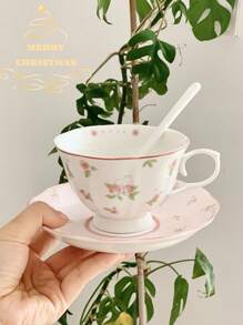 1 Piece Pink Rabbit Ceramic Coffee Cup And Saucer Set, Cute Girl Heart Afternoon Tea Plate, Holiday Gift, Home Goodies, Women's Coffee Mug, Holiday Gifts, Valentine's Day Gifts Back To School