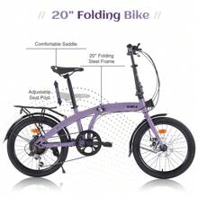 20" Folding Bike Steel Frame 7 Speed  City Bike - Purple - View 2