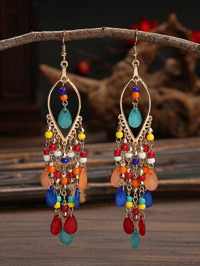 創意復古水滴形女式長波西米亞串珠流蘇耳環海灘度假風格