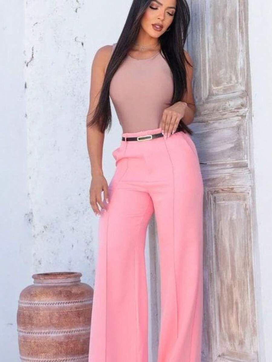 Women's Tailored Pantaloons With Belt - 藕粉色 - 查看 1