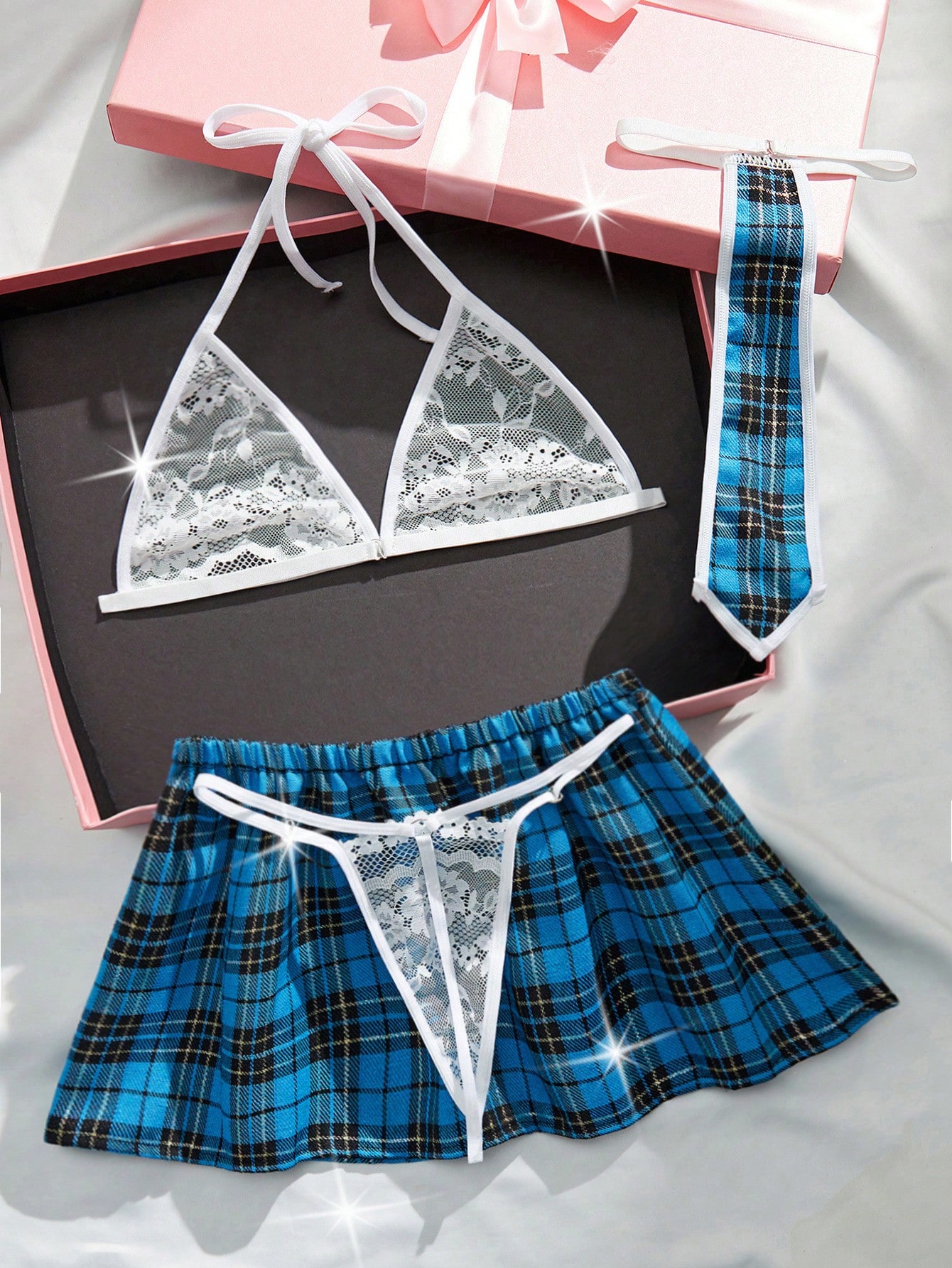 Sexy Schoolgirl Style Plaid Uniform Set Includes Floral Lace Bralette, Thong, Skirt And Tie - Women Lingerie And Panties To Create Alluring Look