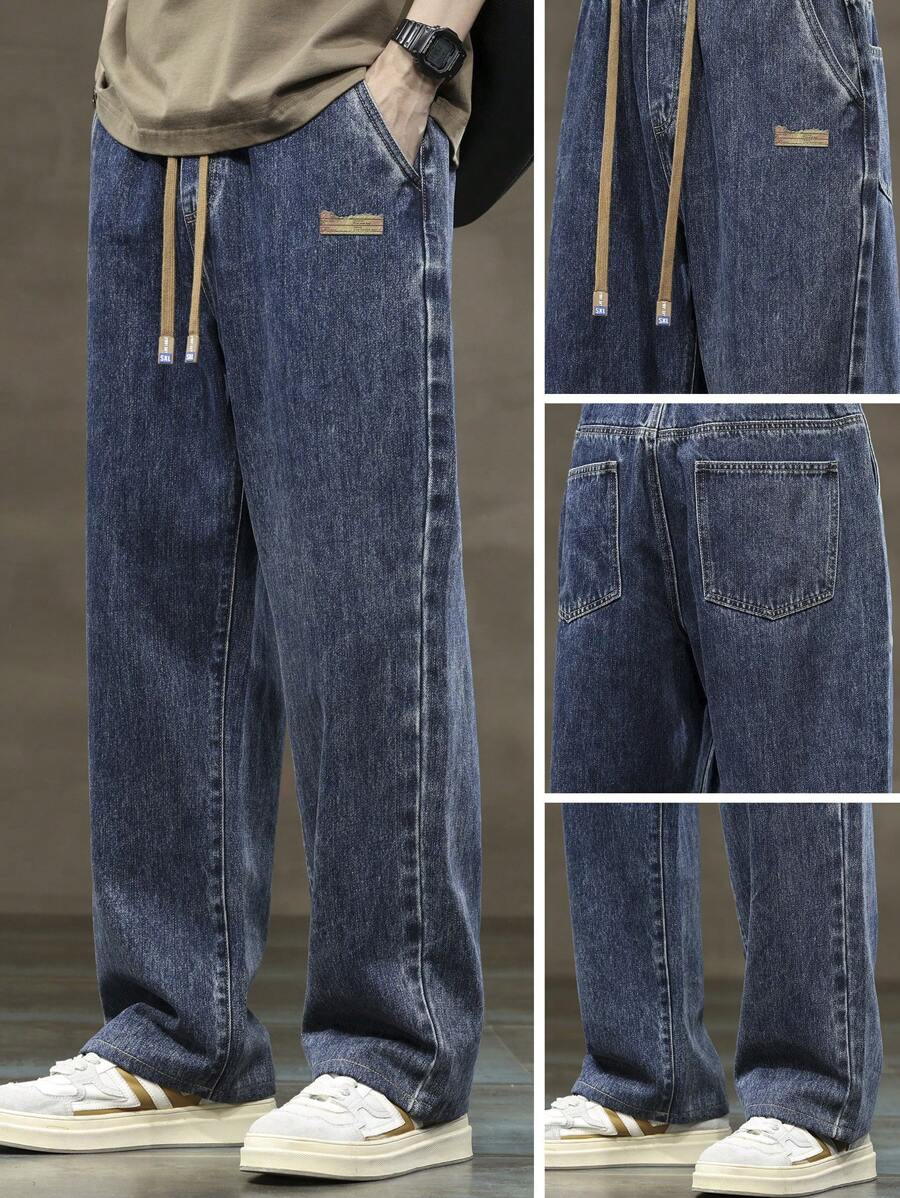 男士多口袋、抽绳、松紧腰洗水休闲牛仔裤，日常穿着