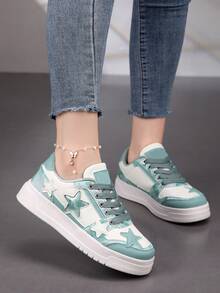 BALTEOP 女士蓝色中国风印花五角星图案休闲透气拼布运动鞋，舒适百搭，适合学生和运动 - 淺藍色 - 查看 3