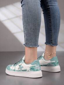 BALTEOP 女士蓝色中国风印花五角星图案休闲透气拼布运动鞋，舒适百搭，适合学生和运动 - 淺藍色 - 查看 6