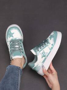BALTEOP 女士蓝色中国风印花五角星图案休闲透气拼布运动鞋，舒适百搭，适合学生和运动 - 淺藍色 - 查看 2
