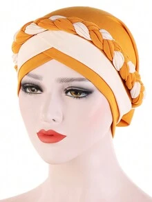 1pc Women Dual-Tone Milk Silk Headscarf Cap With Braid, Hair Covering Daily Under Cap
