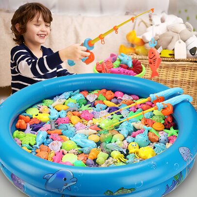 Magnetic Fishing Toy Set, Available In Multiple Packages, Children Magnetic Fishing Toy Set Includes Magnetic Fishing Rod, Net, Square/Round Fishing Pool, Floating Plastic Fish, Interactive Fishing Game Set, Indoor & Outdoor Summer Bathtime Toy, Small Gift (Random Color & Style)