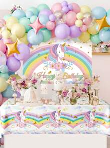 1pc 100*150cm Rainbow Unicorn Happy Birthday Polyester Background Cloth, Banner Perfect Decoration For Unicorn Theme Birthday Party Room Wall, Indoor And Outdoor Fence Banner Decoration Hanging Cloth, Fabric,Christmas