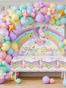 1pc 100*150cm Rainbow Unicorn Happy Birthday Polyester Background Cloth, Banner Perfect Decoration For Unicorn Theme Birthday Party Room Wall, Indoor And Outdoor Fence Banner Decoration Hanging Cloth, Fabric,Christmas