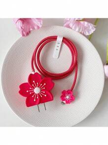 4 pièces/set Protecteur de câble de charge en silicone coloré à motif floral, compatible avec un câble de charge de 1,5 m et un adaptateur de charge rapide de 20 W, compatible avec 12/13/14, enrouleur de câble, anti-rupture et couvercle d'adaptateur en TPU, protecteur de chargeur