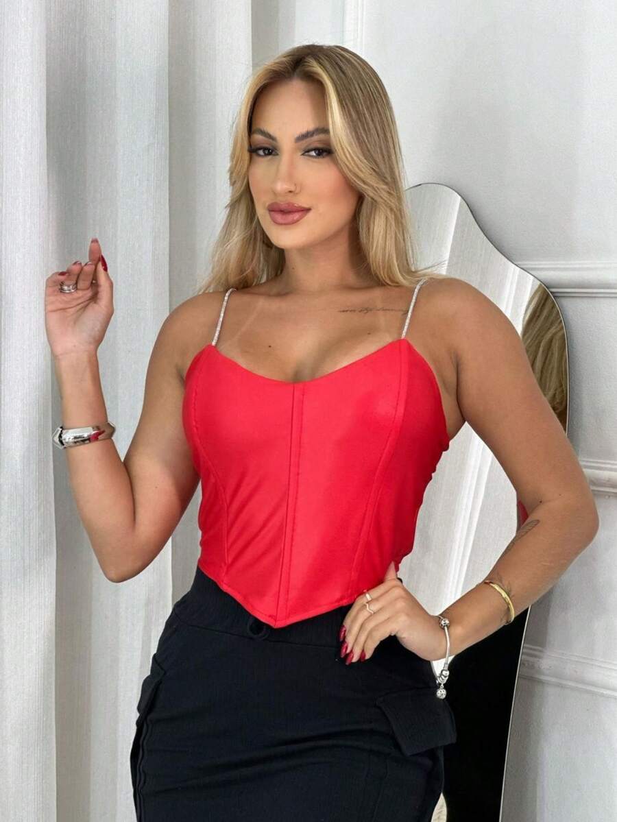 Cropped Tank Top Thin Strap With Shiny Glitter Bat Neckline Corset Model With Underwire Adjusts To The Body Clubbing Party Night - Đỏ - Xem 1