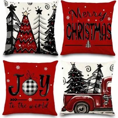 4pcs Set Of Pillow Covers - Red With Buffalo Plaid & Tree Design, Zippered Cushion Cases For Home & Office Decor, Perfect For Sofa, Bedroom, And Living Room Christmas  Christmas Decor  Christmas Decorations Christmas Decoration Home Decor Room Decor