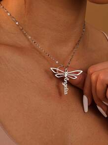 Customized Name Dragonfly Pendant Necklace, Personalized Cute Stainless Steel Insect Shaped Pendant Necklace, Unique Birthday Gift, Halloween & Christmas Gift, Daily Wear Women Jewelry, Halloween Jewelry, Halloween, Christmas Gift - Silver - View 4