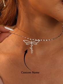 Customized Name Dragonfly Pendant Necklace, Personalized Cute Stainless Steel Insect Shaped Pendant Necklace, Unique Birthday Gift, Halloween & Christmas Gift, Daily Wear Women Jewelry, Halloween Jewelry, Halloween, Christmas Gift - Silver - View 2