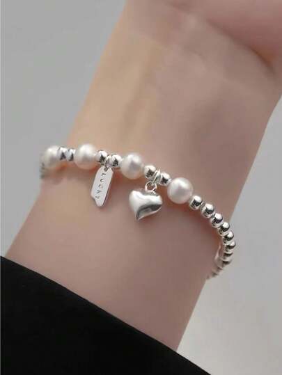 Pulsera de plata de ley con abalorios redondos de perlas de imitación y letras de estilo sencillo y elegante, joyería de nicho diseño Ins para San Valentín