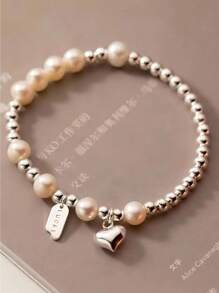 Simple Love Faux Pearl Round Bead Letter Sterling Silver Bracelet Ins Style Female Niche Design Jewelry Valentines