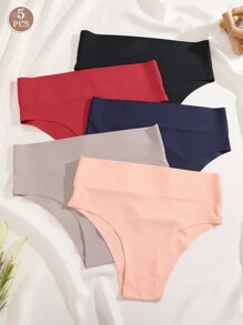 FINETOO 5件装女士纯色无缝高腰休闲简约宽腰内裤 - 彩色 - 查看 8
