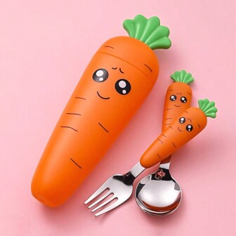 1 Set Carrot-Shaped Baby Travel Cutlery Set, 2pcs/Set Or 3pcs/Set Toddler Cutlery With Spoon And Fork For Self-Feeding, Stainless Steel Cartoon Carrot Kids' Tableware Set, Fun Baby Weaning Tool