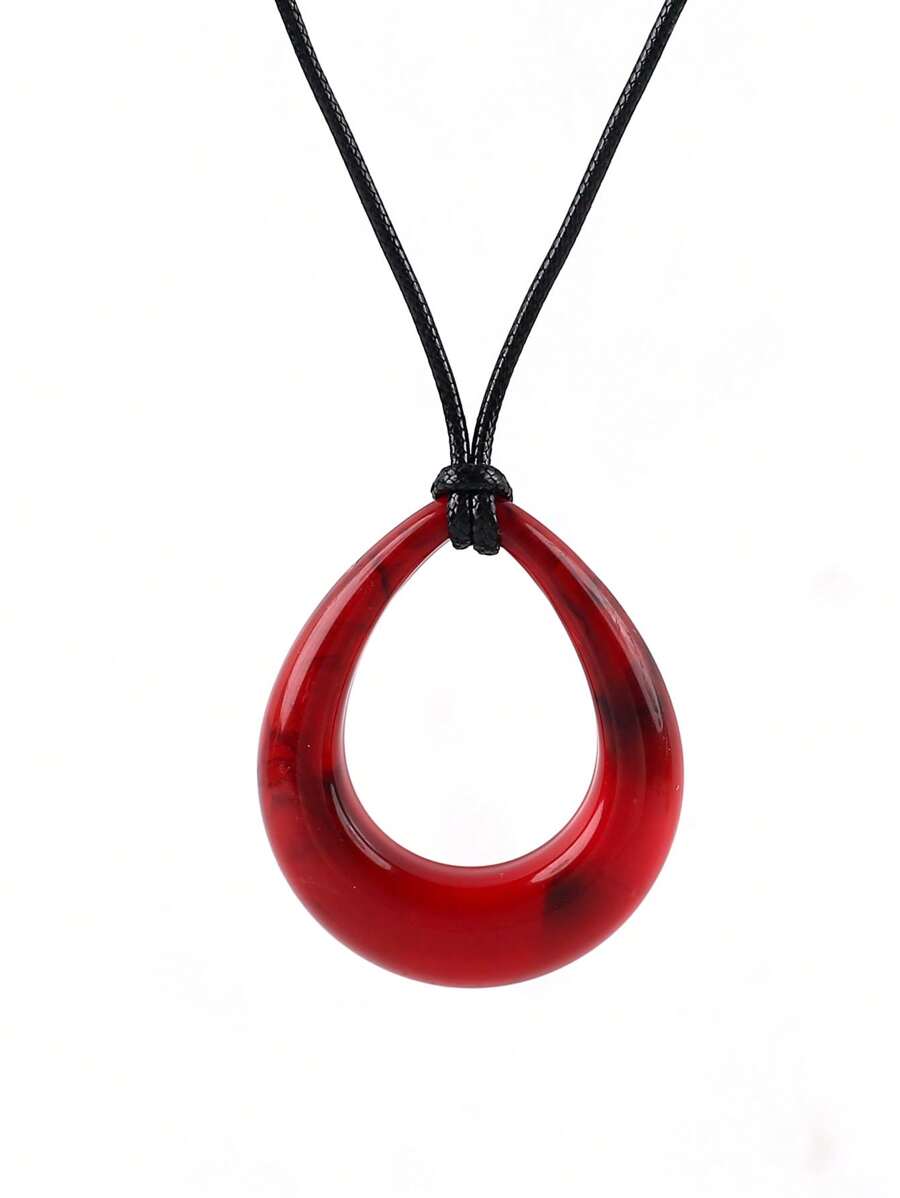 1 件泪珠几何亚克力吊坠皮革项链 - 紅色 - 查看 1