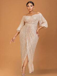 YISIKADO Plus Women Prom Party Dress Sequin Evening Dress Off Shoulder Lantern Sleeve Split Hem Wrap Dress Glittery Dress Elegant Long Dress Wedding Guest Dinner Graduation - Champagne - View 2