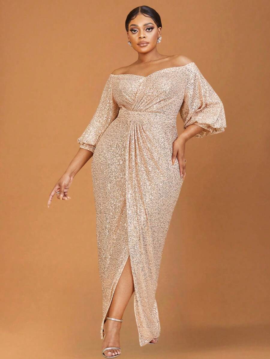 YISIKADO Plus Women Prom Party Dress Sequin Evening Dress Off Shoulder Lantern Sleeve Split Hem Wrap Dress Glittery Dress Elegant Long Dress Wedding Guest Dinner Graduation - Champagne - View 1