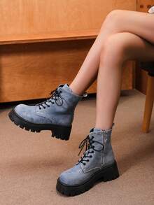 1 Đôi bốt ngắn thời trang thường ngày có khóa kéo bên hông dành cho nữ, thân trên bằng vải màu xanh, bốt buộc dây cổ điển - Màu xanh lam - Xem 3