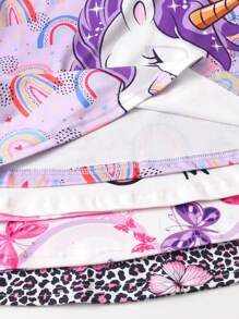 4pcs/Set Young Girl Cartoon Unicorn, Cat, Leopard Print And Bow Decor Long Sleeve Nightgown Sleepwear Set - Multicolor - View 9