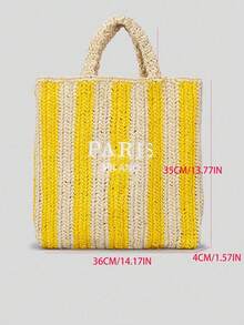 春夏条纹手工草编包女刺绣字母沙滩度假单肩包撞色纸编织小手提包（不含吊坠） - 黃色 - 查看 2