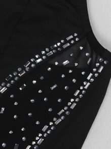Women Elegant Rhinestone Mesh Sheer Semi-Transparent V-Neck Sleeveless Slim Jumpsuit, Sexy Party Wear For Summer - 黑色 - 查看 4
