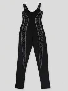 Women Elegant Rhinestone Mesh Sheer Semi-Transparent V-Neck Sleeveless Slim Jumpsuit, Sexy Party Wear For Summer - 黑色 - 查看 3