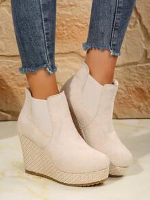 春/秋弹力靴，超高跟编织2025尖头厚底休闲罗纹袜靴，棉质衬里短靴 - 米色 - 查看 7