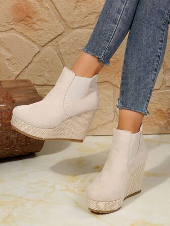 春/秋弹力靴，超高跟编织2025尖头厚底休闲罗纹袜靴，棉质衬里短靴