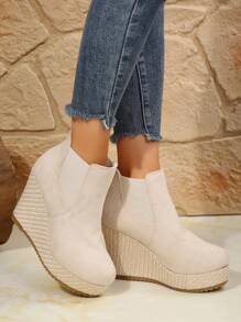 春/秋弹力靴，超高跟编织2025尖头厚底休闲罗纹袜靴，棉质衬里短靴 - 米色 - 查看 6