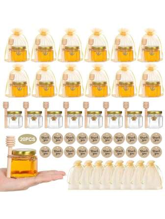 20pcs, 45ml Hexagon Glass Honey Jars, Mini Honey Pots, With Pendant, Rope, Golden Gift Bag, Golden Cap, Perfect For Weddings, Party Favors, Gifts,