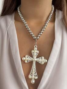 1pc Women's Fashion Beaded Oversized Cross Pendant Necklace, Minimalist Style Suitable For Daily Commute And Various Occasions - Multicolor - View 17