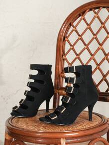 Giày bốt cao gót mũi nhọn màu đen thời trang thu/đông cho nữ, dây kéo sau lưng đa năng, dép xăng đan cao gót mũi tròn, bốt ngắn hở mũi thoáng khí thoải mái khi đi ngoài trời cỡ lớn, dép xăng đan La Mã cao gót, bốt gót mèo - màu đen - Xem 7