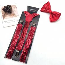 1set Men's Sequin Bow Tie & Suspenders Set, Sequin Decorated Bow Tie, Sequin Apparel Suspenders - Red - View 9