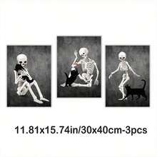 3 套骷髅和猫壁画印刷品 - 有趣的骷髅帆布海报、恐怖万圣节装饰、巫术美学骷髅和动物画作，适用于家居装饰，无框 - 黑色 - 查看 15