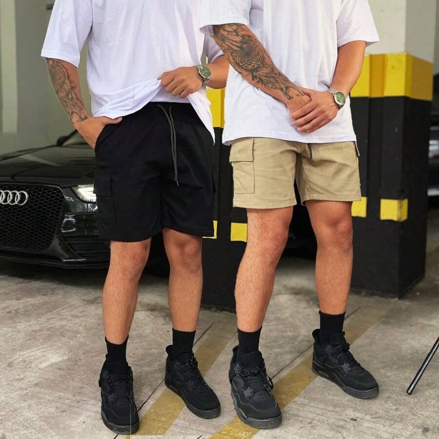 Kit 2 Men's Cargo Bermuda Shorts Casual Streetwear Side Pockets Preppy Style Premium - Màu Khaki - Xem 1