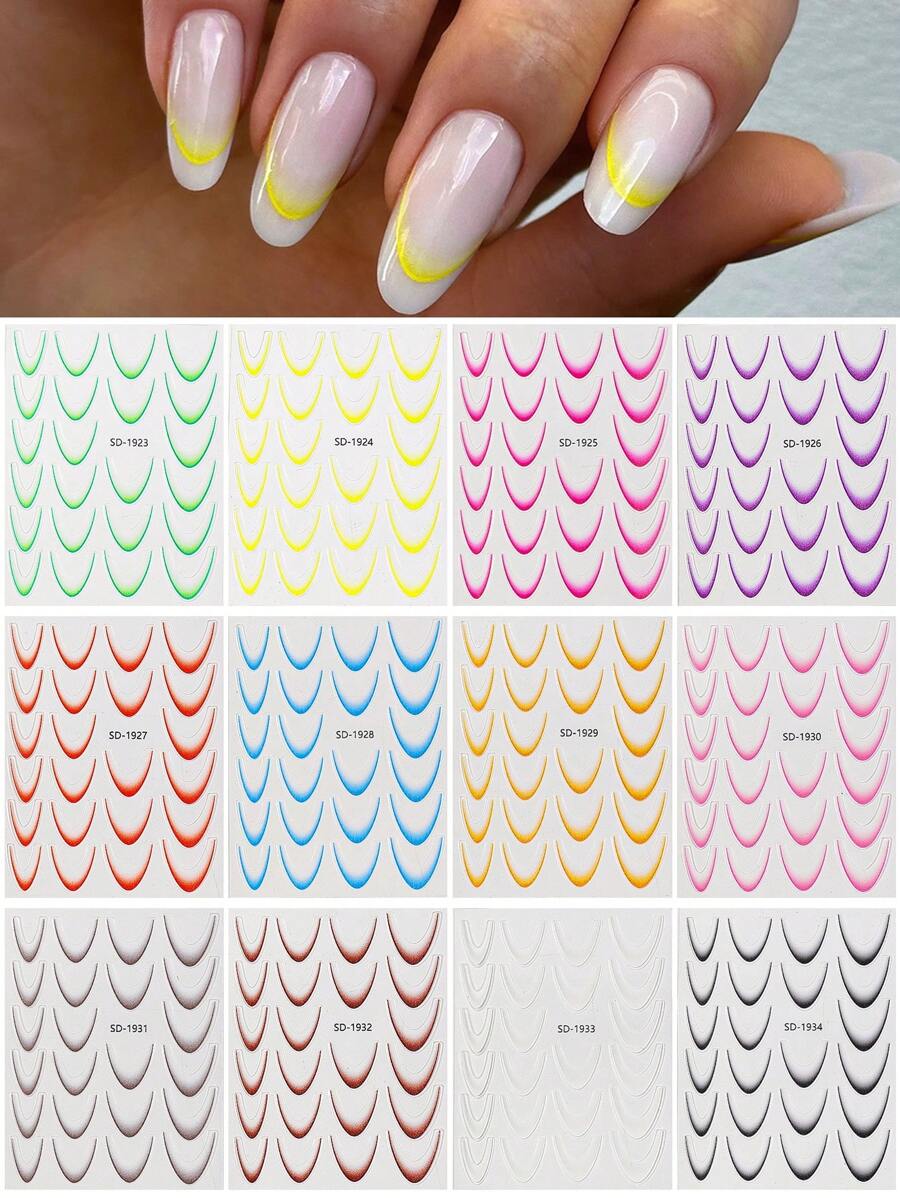 12 Multi-Color Gradient French Nail Decals Simple DIY Home Nail Decals For Ladies And Girls Nail Decals