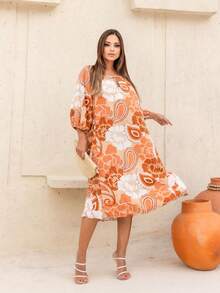 Women's Printed Midi Dress With Pocket Elastic Sleeves Summer Fashion Elegant - Màu Cam cháy - Xem 5